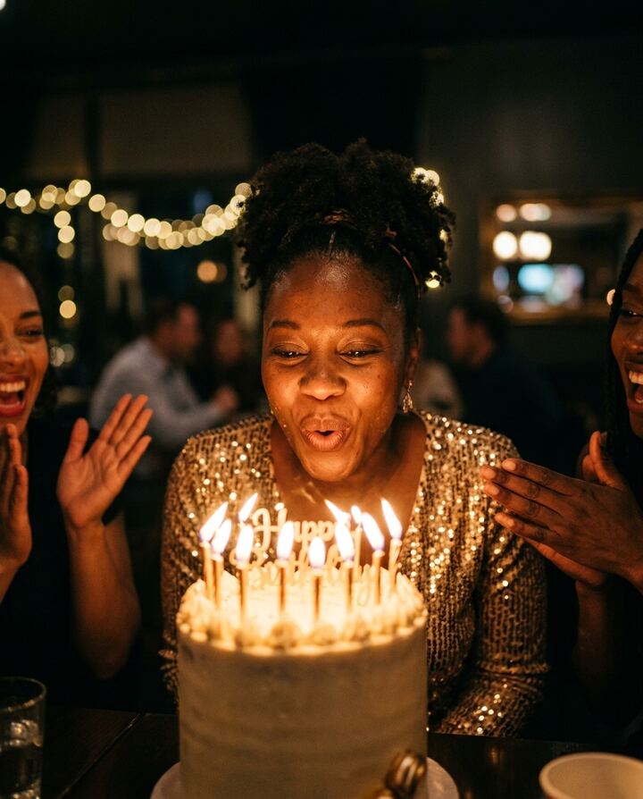 Guest of honor in a gold sequined dress blowing out the candles on her birthday cake