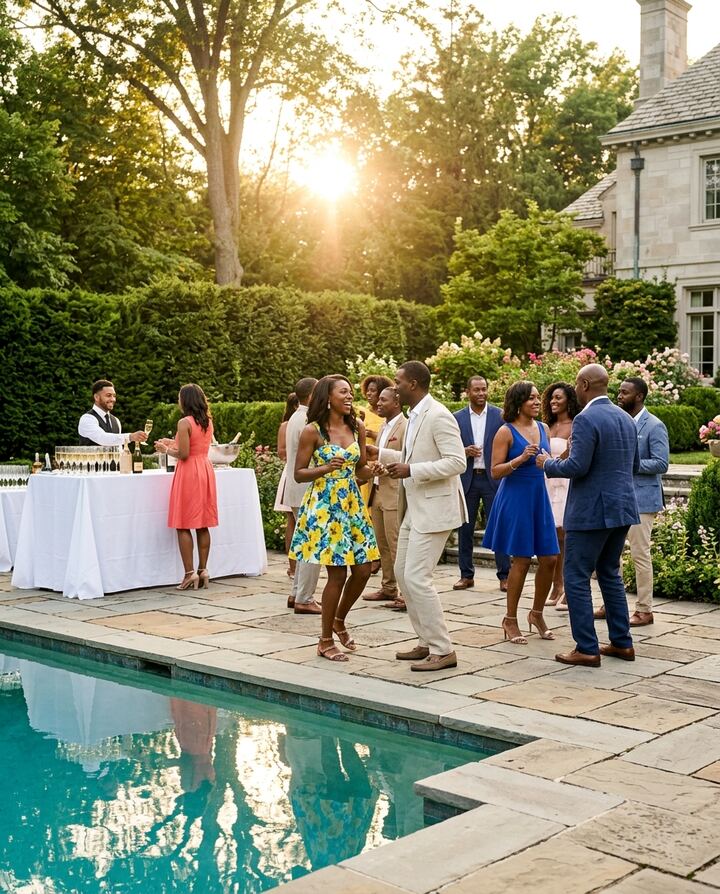 Well-dressed guests dancing beside the pool at a private garden party in the late-afternoon sun