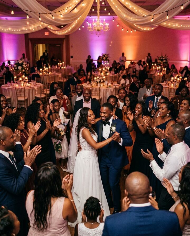 Bride and groom dancing as guests clap around them at a ballroom wedding reception